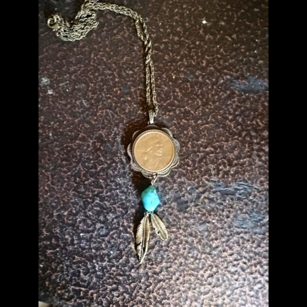 Rare 24' Sacagawea Gold Dollar Necklace with Turquoise Accent